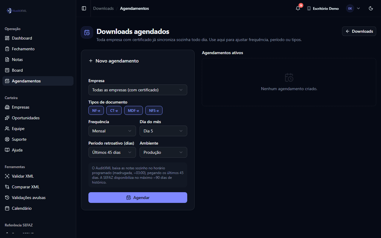 Página de Agendamentos com rotinas de download recorrente