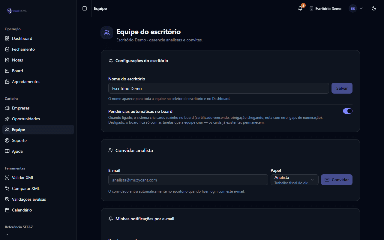 Página de Equipe com membros e papéis